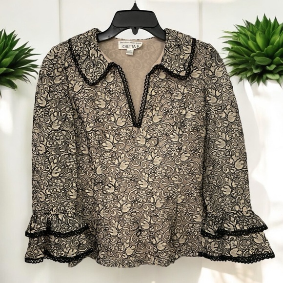 VTG Chetta B, Sherrie Bloom, Peter Novello black gold embroidered lace top S 4. - Picture 1 of 12